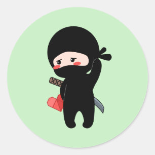 Sticker Rond Ninja timide rougissant tenant un cœur en papier o