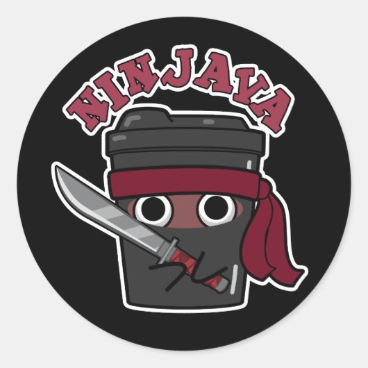 Sticker Rond Ninjava Funny Ninja Javascript Coffee Pun Dark BG (Devant)