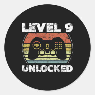 Sticker Rond Niveau 9 Débloqué Drôle de Joueur Vidéo 9e Anniver