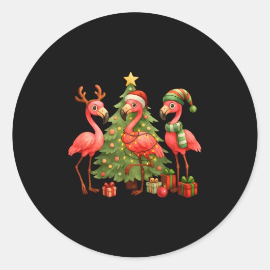 Sticker Rond Nk Christmas Flamingos _ Cute Holiday Tree & D (Devant)