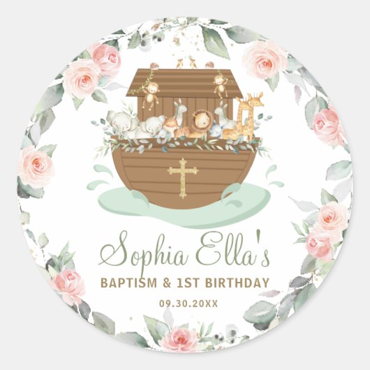 Sticker Rond Noah's Ark Flowers Baptême Noël Anniversaire (Devant)