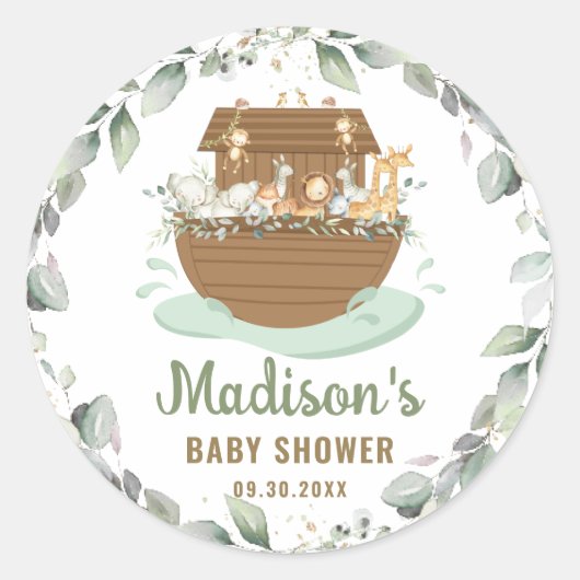 Sticker Rond Noah's Ark Greenery Neutral Boy Girl Baby shower (Devant)