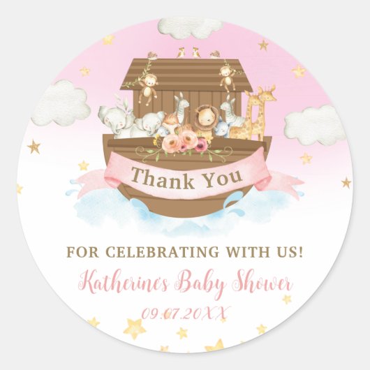 Sticker Rond Noah's Ark Rose Animaux Fille Baby shower Merci (Devant)