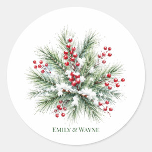 Sticker Rond Noces Pin d'Hiver et Baie Rouge