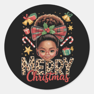 Sticker Rond Noël Afro-Américain Bun Messy Maman Noire