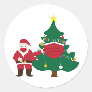 Sticker Rond Noël amusant 2020 Père Noël et arbre décoré