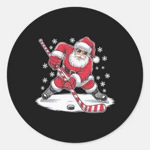 Sticker Rond Noël amusant Père Noël Jouer de hockey sur glace N