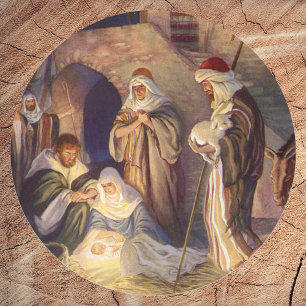 Sticker Rond Noël ancien crèche, 3 bergers et Jésus