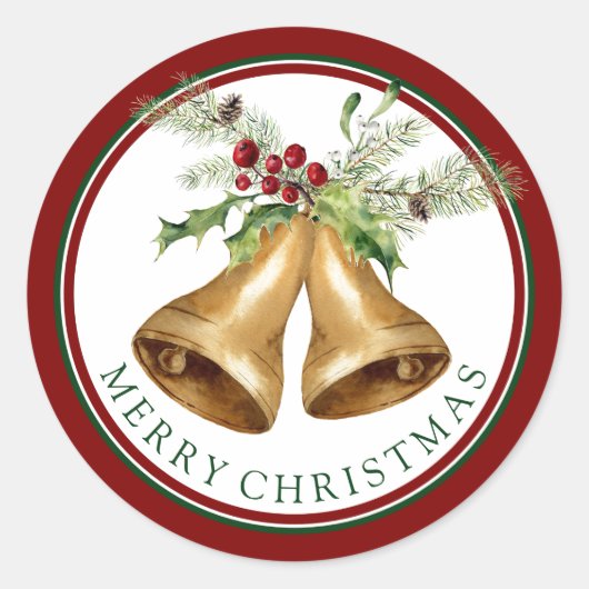 Sticker Rond Noël | Aquarelle - Holly Mistletoe & Bells (Devant)