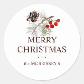 Sticker Rond Noël Aquarelle Pine Cône Berries Nom (Devant)