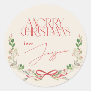 Sticker Rond Noël Aquarelle Rubans Rouges Traditionnels Vintage