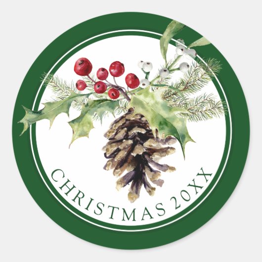 Sticker Rond Noël | Aquarelle - Vintage Holly & Pinecone (Devant)