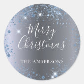Sticker Rond Noël argent bleu parties scintillant nom (Devant)