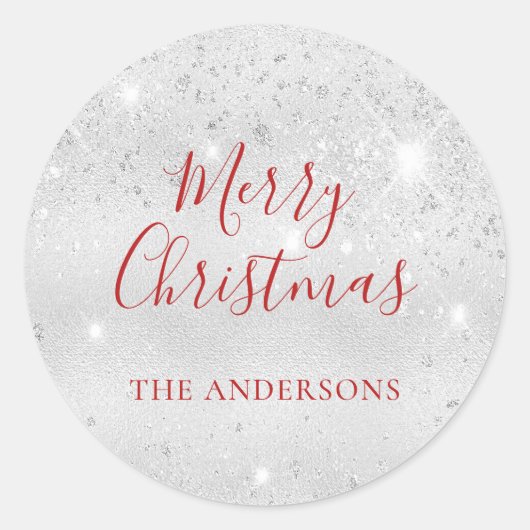 Sticker Rond Noël argent parties scintillant rouge nom (Devant)