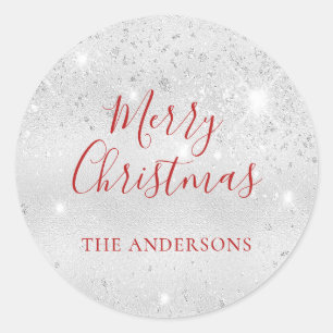 Sticker Rond Noël argent parties scintillant rouge nom