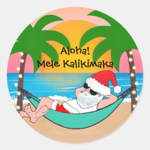 Sticker Rond Noël au palmier Santa Plage Tropicale