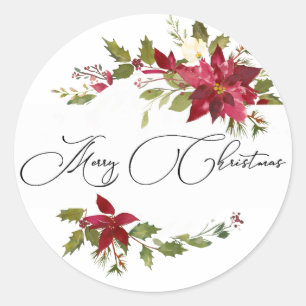 Sticker Rond Noël au Poinsettia aquarelle