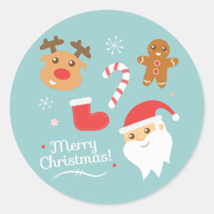Sticker Rond Noël avec le Père Noël, Renne, Bonhomme en pain d'