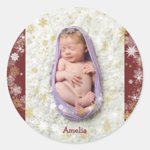 Sticker Rond Noël Baby Snowflakes Star Photo et nom