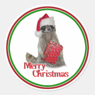 Sticker Rond Noël Bandit Raccoon avec présent
