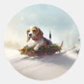 Sticker Rond Noël Beagle neige hiver (Devant)