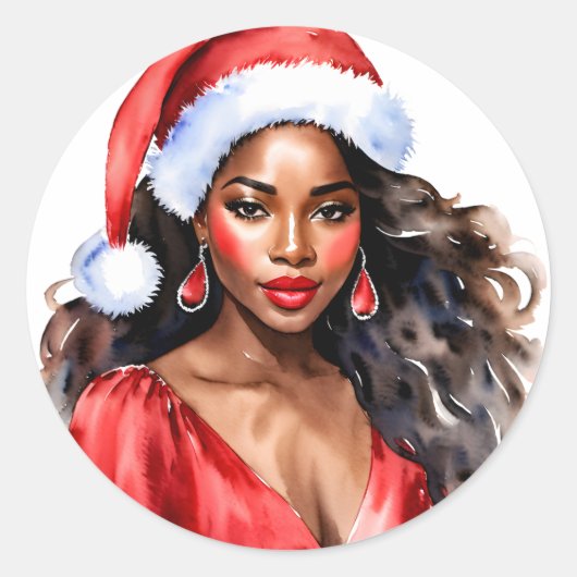 Sticker Rond Noël belle femme noire Santa Hat (Devant)