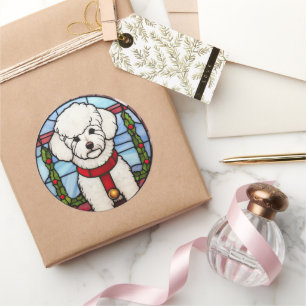 Sticker Rond Noël Bichon Frise en verre tendu