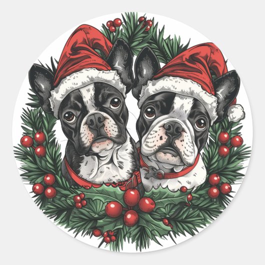 Sticker Rond Noël Boston Terrier Chiens de vacances Wreath (Devant)