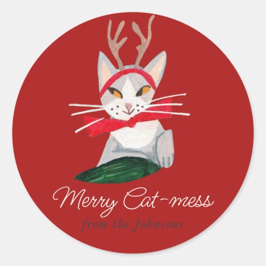 Sticker Rond Noël Chat renne Vacances Rouge (Devant)
