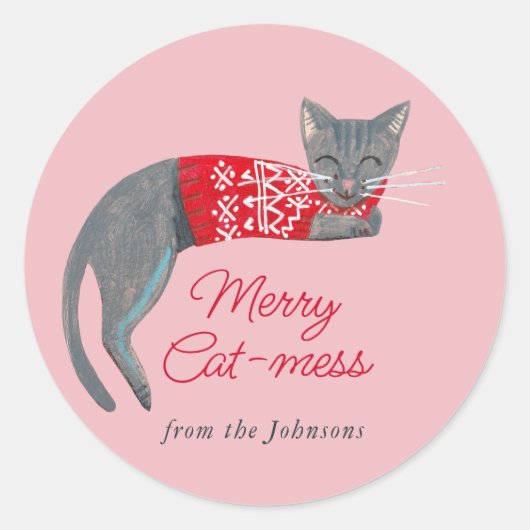 Sticker Rond Noël Chat rose (Devant)