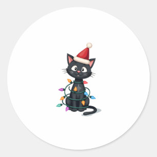 Sticker Rond Noël Chat Tuxedo chat noir xmas lumières kitty c