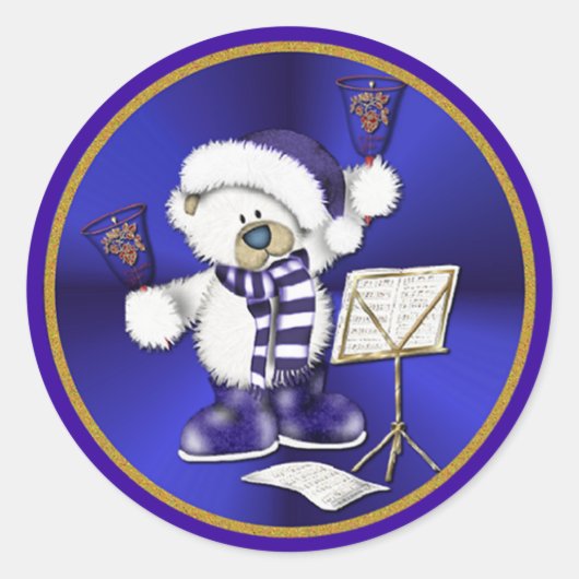 Sticker Rond Noël cloches ours bleu et or (Devant)