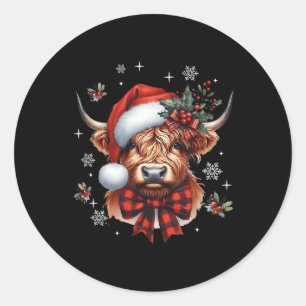 Sticker Rond Noël Coquette Highland Cow Cute Moo Cow Noël