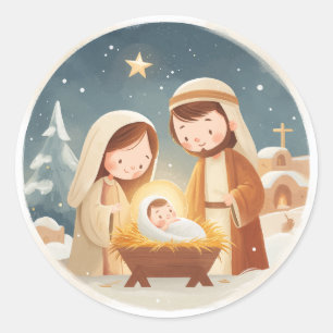 Sticker Rond Noël Crèche Mignonne