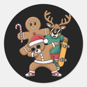 Sticker Rond Noël Dabing Père Noël Ours Skate Reindeer Xmas