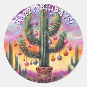 Sticker Rond Noël dans le cactus Saguaro du désert sud-ouest