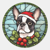 Sticker Rond Noël de Boston Terrier en verre teint (Devant)