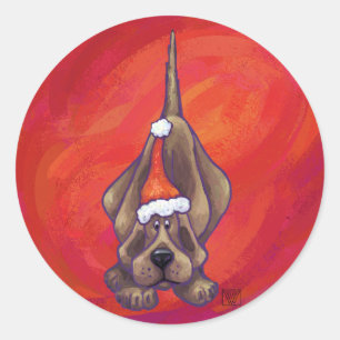 Sticker Rond Noel de Chien de Hound sur Rouge