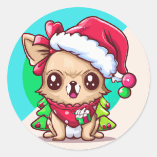 Sticker Rond Noël de la petite Chibi Kawaii Long Haired Chihuah