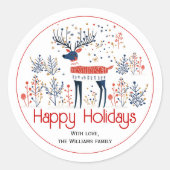 Sticker Rond Noël de style scandinave cerf rouge bleu (Devant)