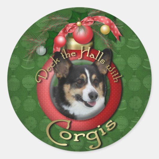 Sticker Rond Noël - Deck the Halls - Corgis (Devant)