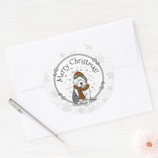 Sticker Rond Noël d'hiver Vieux anglais Chien de mouton gris 1 (Enveloppe)