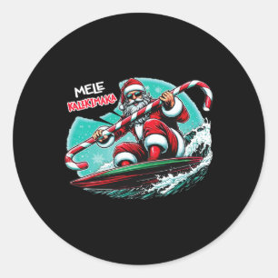 Sticker Rond Noël drôle de surf Mele Kalikimaka Santa Surfing