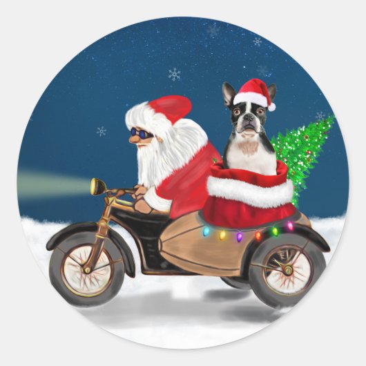 Sticker Rond Noël du chien de Boston Terrier Santa Claus (Devant)