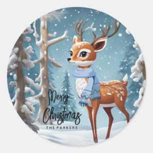 Sticker Rond Noël du mignon cerf en hiver