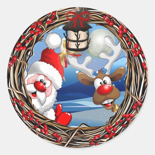 Sticker Rond Noël du Père Noël et du renne (Devant)