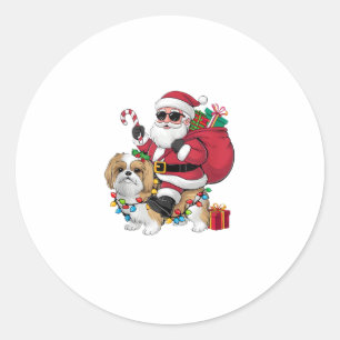 Sticker Rond Noël Éclairage Père Noël équitation Chih Tzu Chien