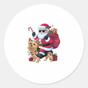 Sticker Rond Noël Éclairage Père Noël équitation Yorkie Chien N