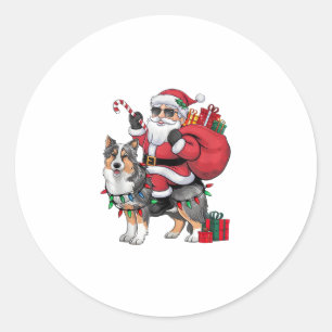 Sticker Rond Noël Éclairage Père Noël Riding Sheltie Chien Noël