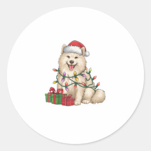 Sticker Rond Noël Éclairage Santa Chapeau Samoyed Chien Noël